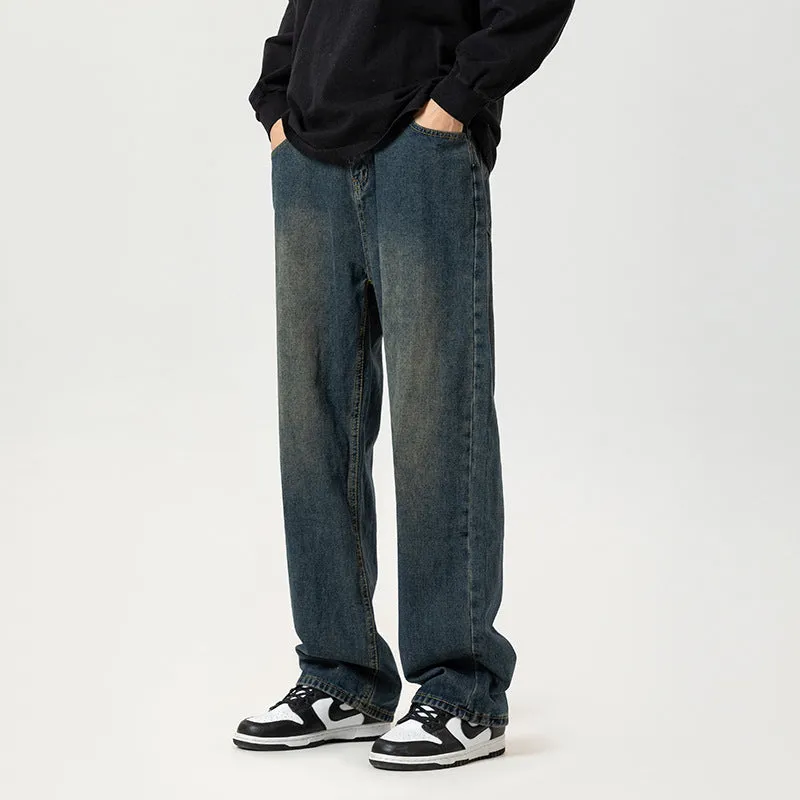 Autumn and Winter New American Retro Jeans Men's Fashion Brand Loose Fleece-lined Worn Looking Washed-out Straight Wide Leg Casual Trousers