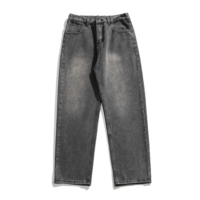 Autumn and Winter New American Retro Jeans Men's Fashion Brand Loose Fleece-lined Worn Looking Washed-out Straight Wide Leg Casual Trousers