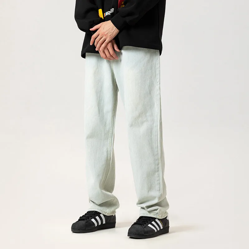 Autumn and Winter New American Retro Jeans Men's Fashion Brand Loose Fleece-lined Worn Looking Washed-out Straight Wide Leg Casual Trousers