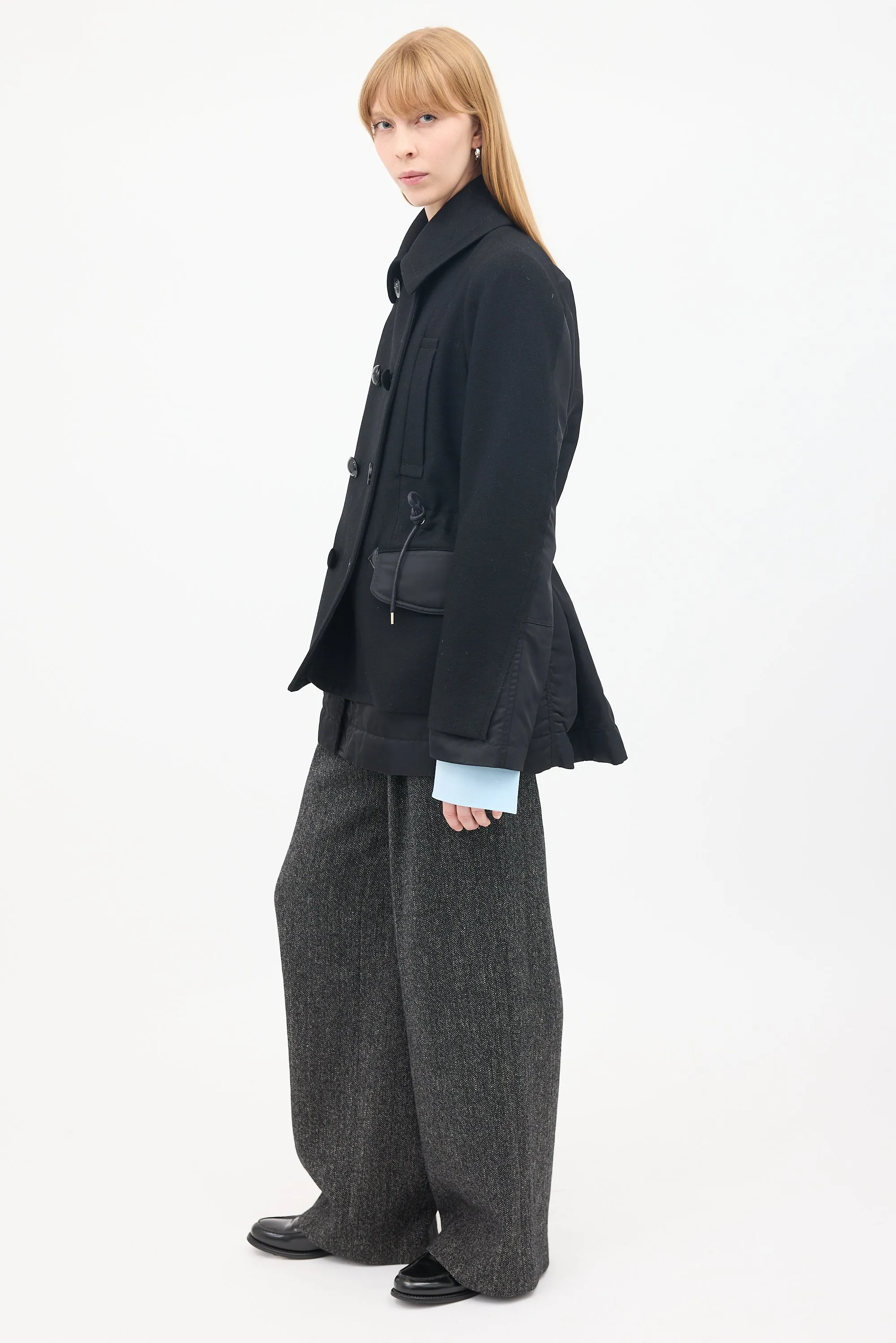 Black Wool & Nylon Drawstring Waist Pea Coat
