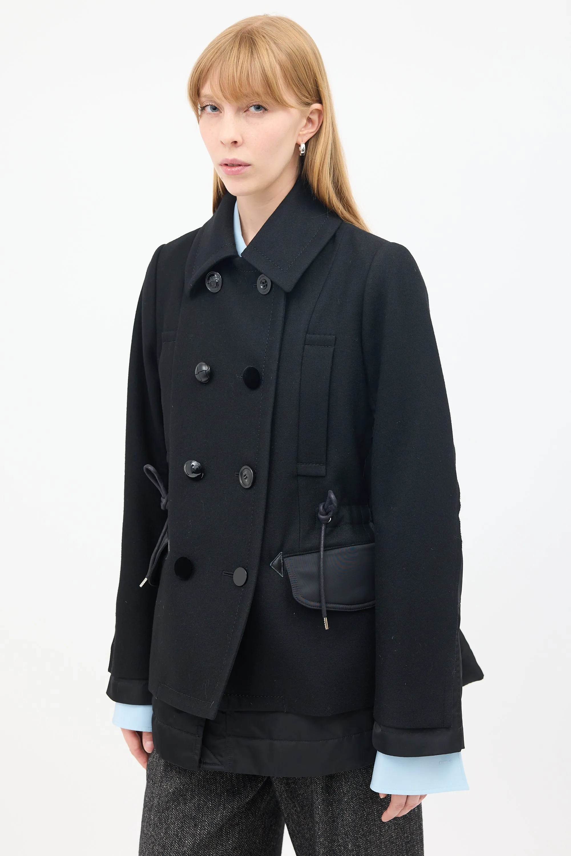 Black Wool & Nylon Drawstring Waist Pea Coat