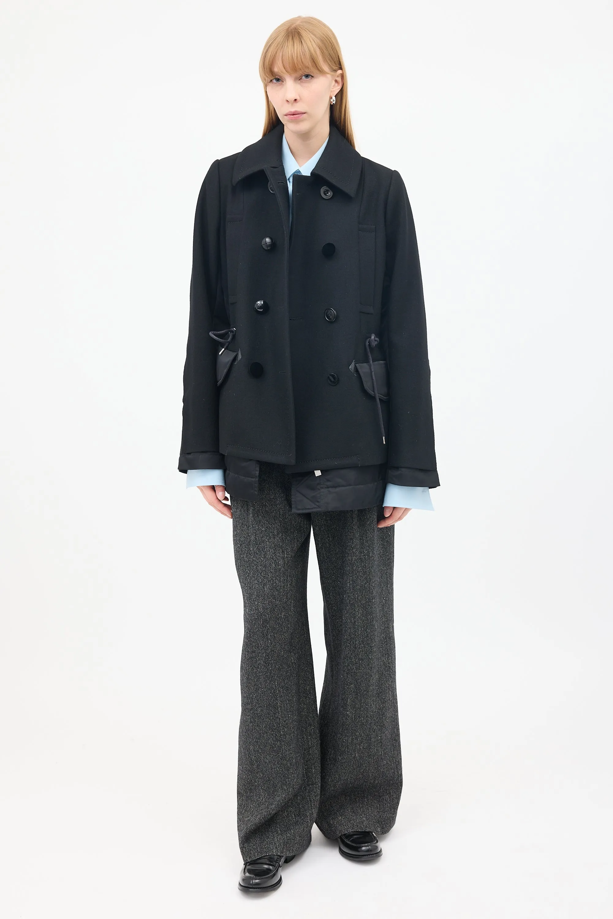 Black Wool & Nylon Drawstring Waist Pea Coat