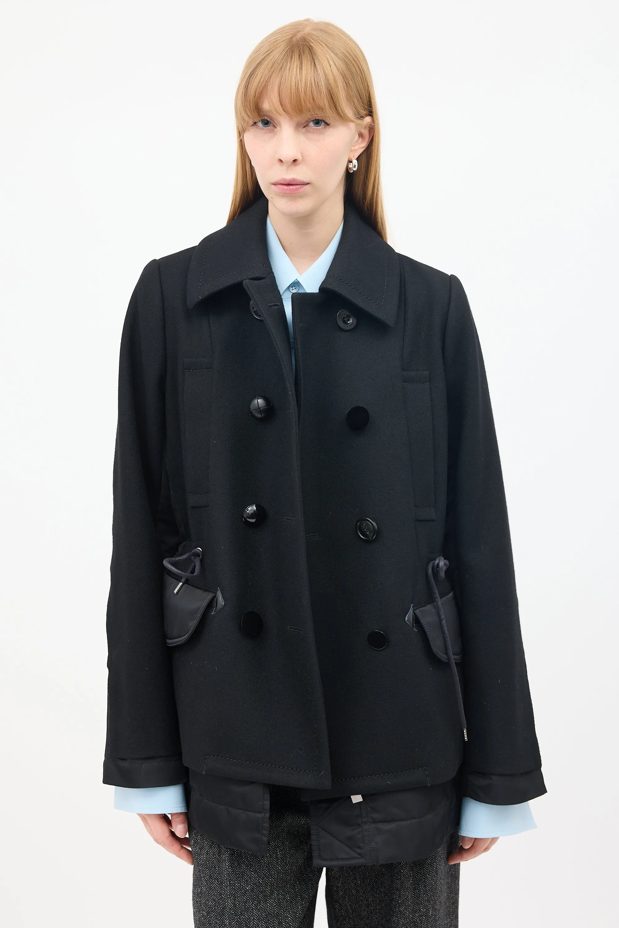 Black Wool & Nylon Drawstring Waist Pea Coat