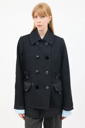 Black Wool & Nylon Drawstring Waist Pea Coat