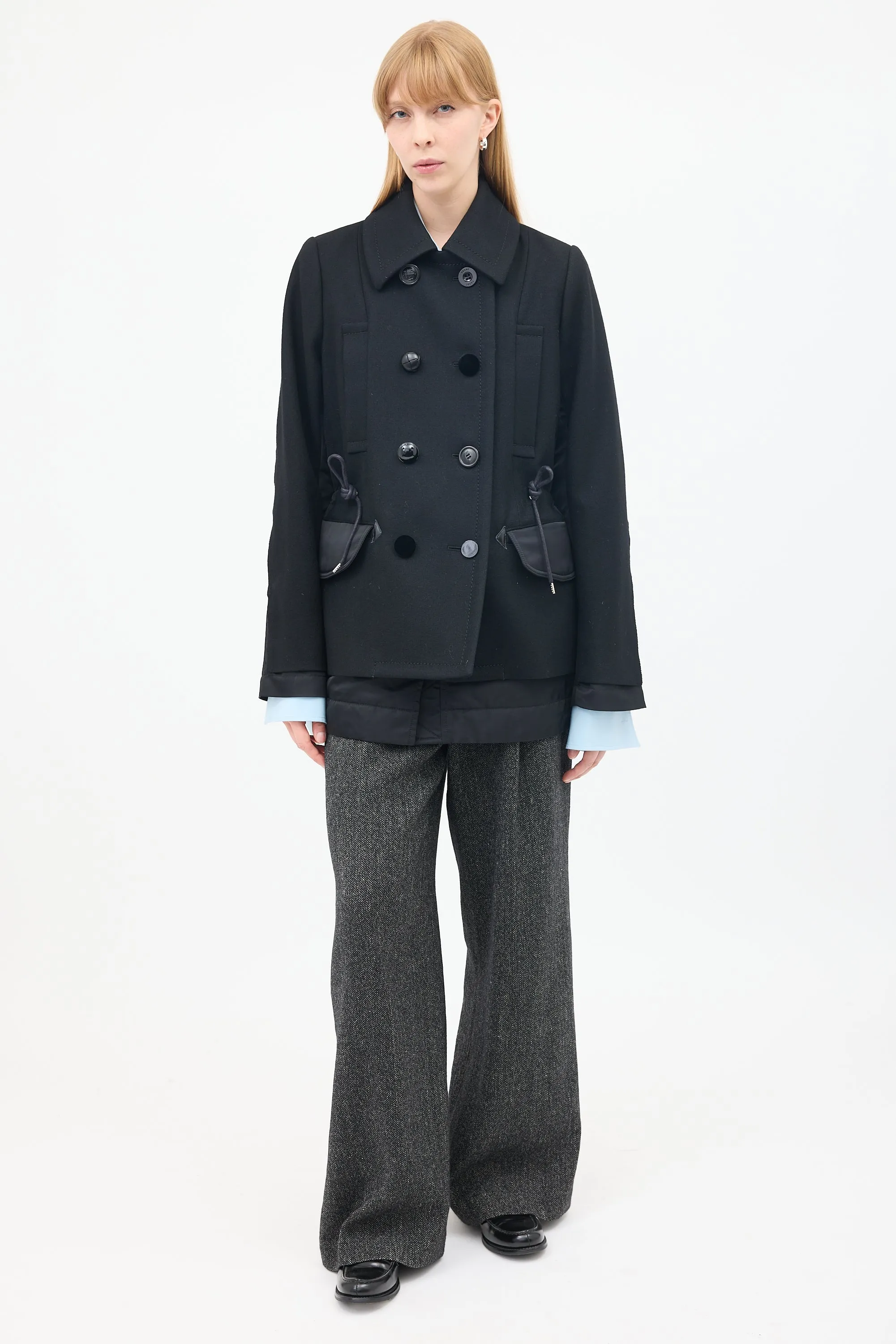 Black Wool & Nylon Drawstring Waist Pea Coat