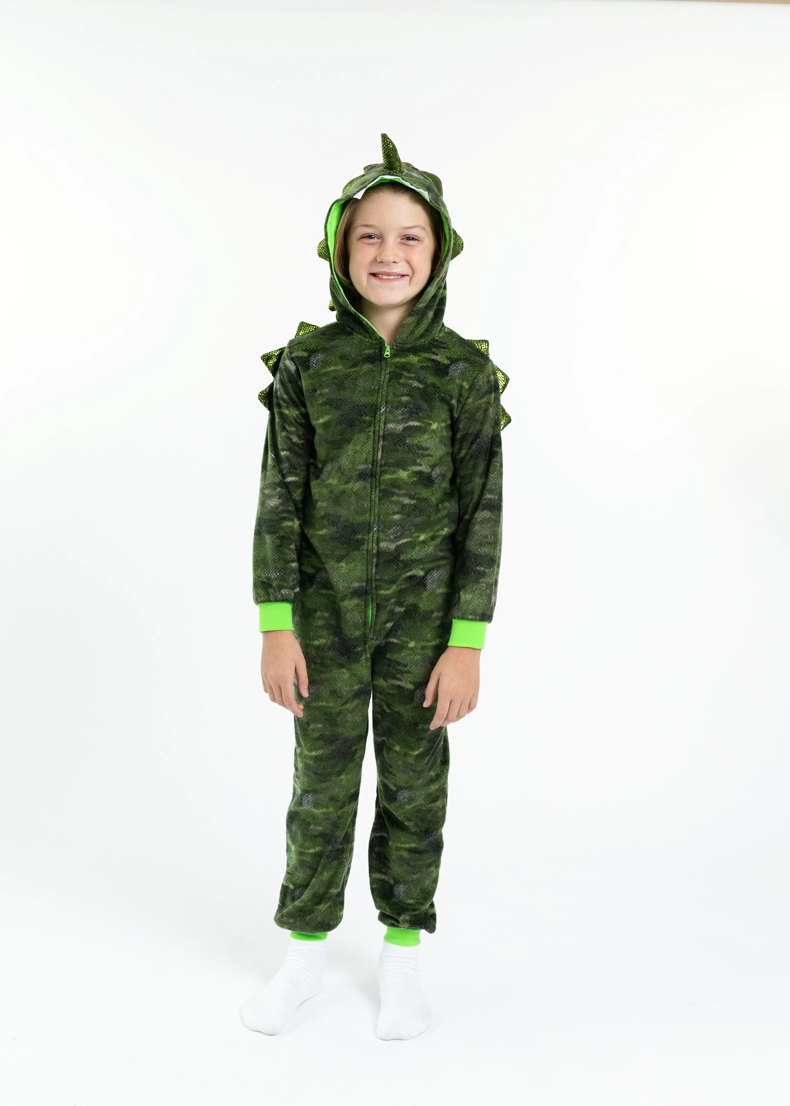Boys Camo Dino Zip-Up Hooded Sleeper Pajama with Built Up 3D Character Hood