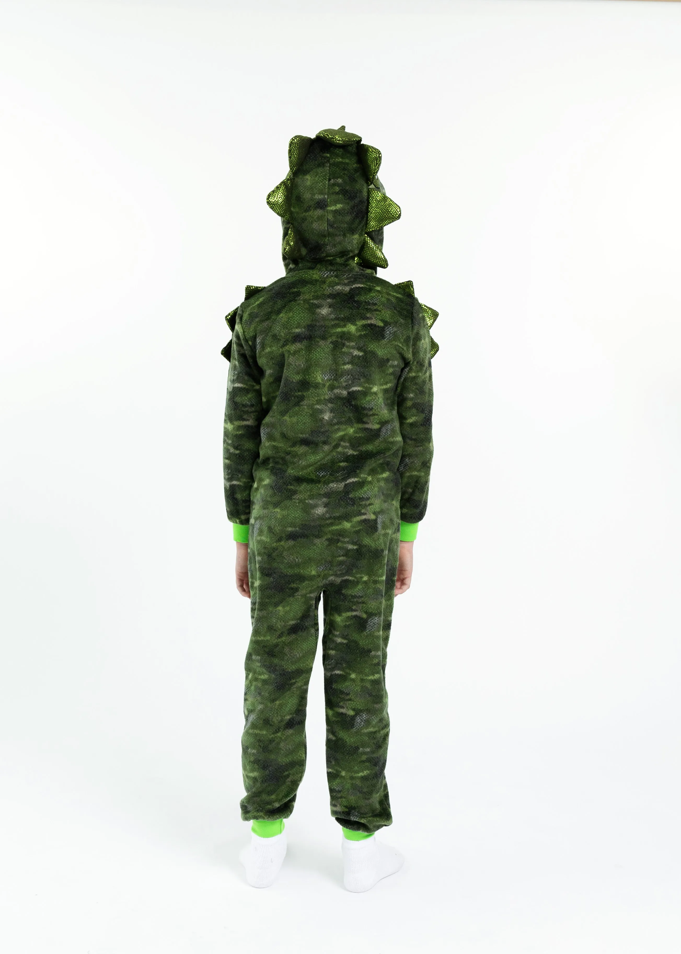 Boys Camo Dino Zip-Up Hooded Sleeper Pajama with Built Up 3D Character Hood