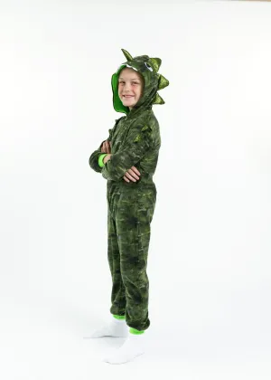 Boys Camo Dino Zip-Up Hooded Sleeper Pajama with Built Up 3D Character Hood