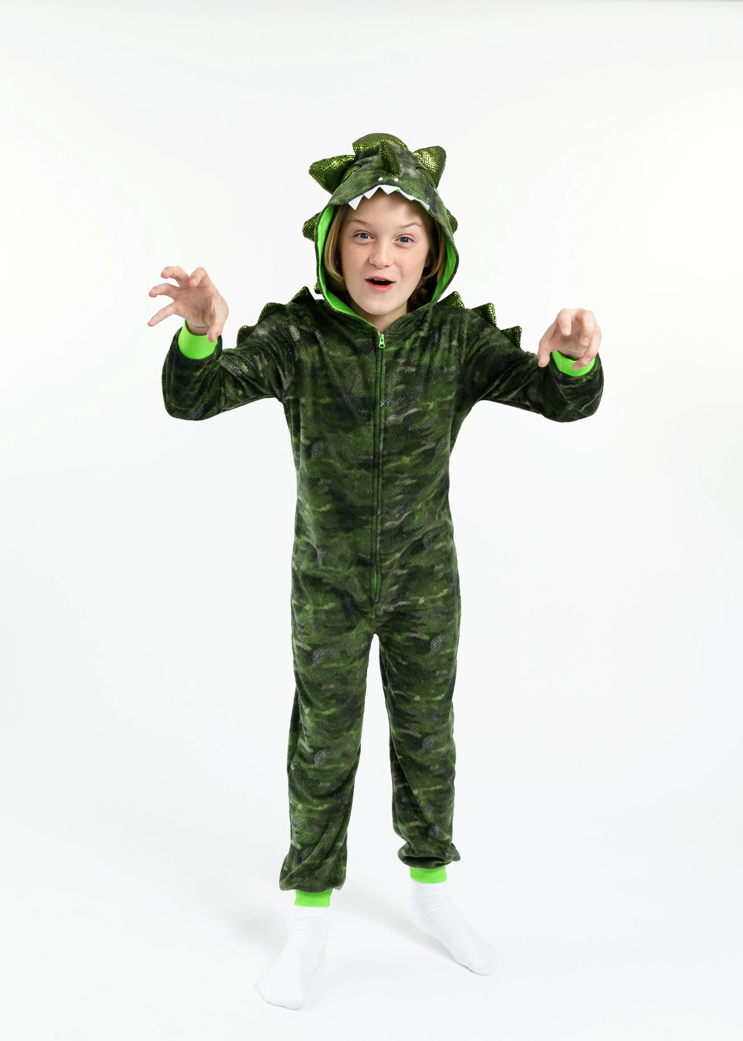 Boys Camo Dino Zip-Up Hooded Sleeper Pajama with Built Up 3D Character Hood