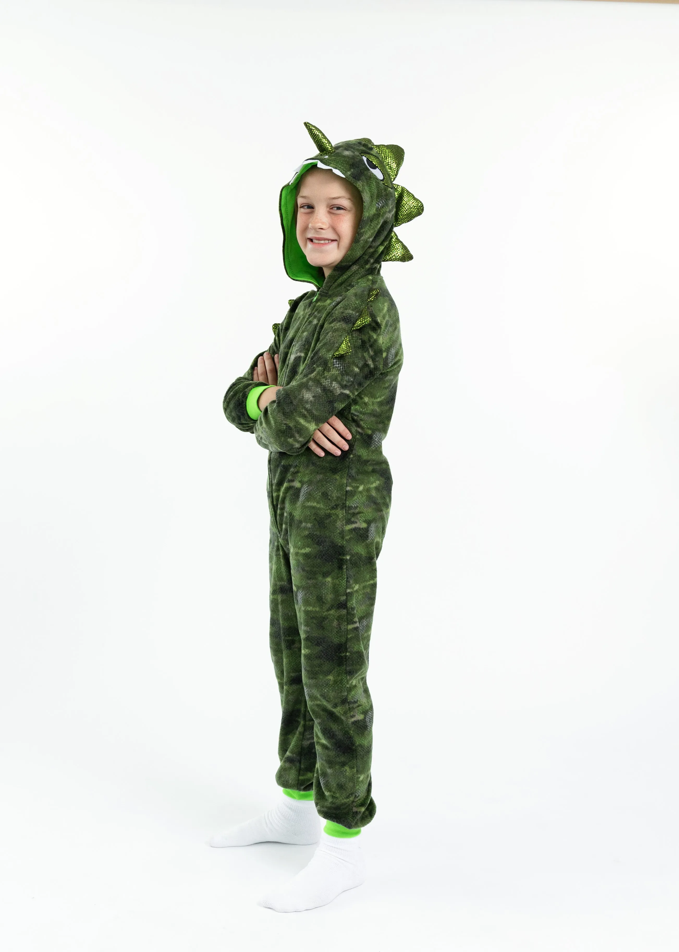 Boys Camo Dino Zip-Up Hooded Sleeper Pajama with Built Up 3D Character Hood