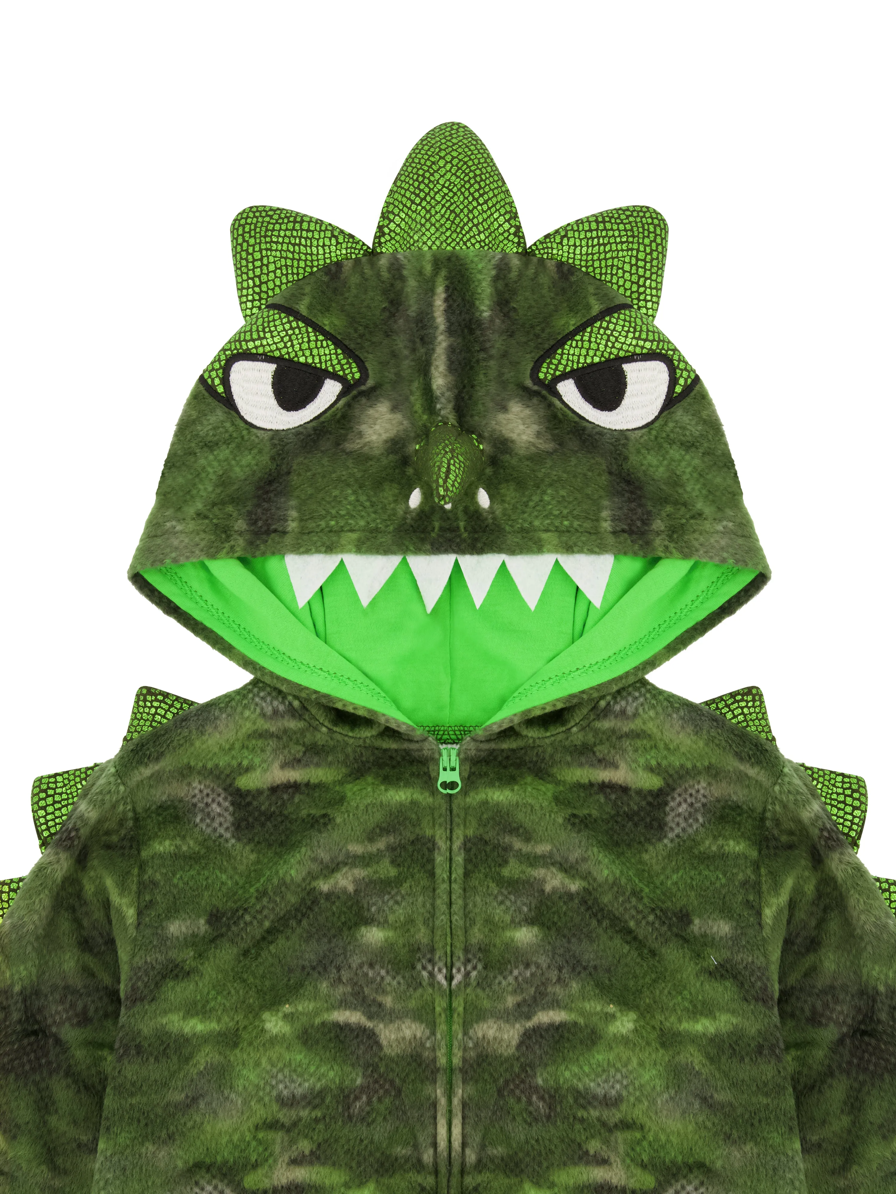 Boys Camo Dino Zip-Up Hooded Sleeper Pajama with Built Up 3D Character Hood