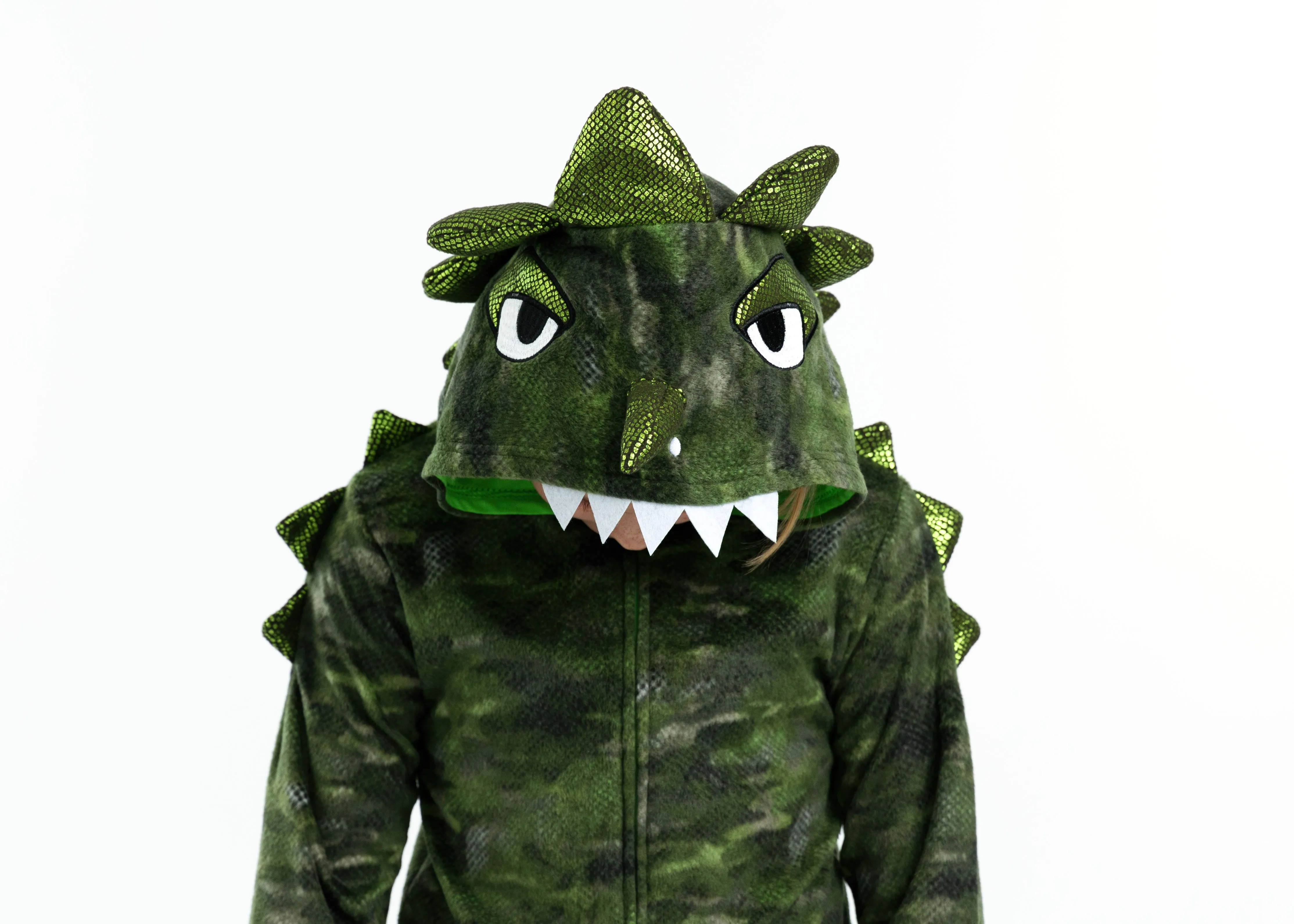 Boys Camo Dino Zip-Up Hooded Sleeper Pajama with Built Up 3D Character Hood