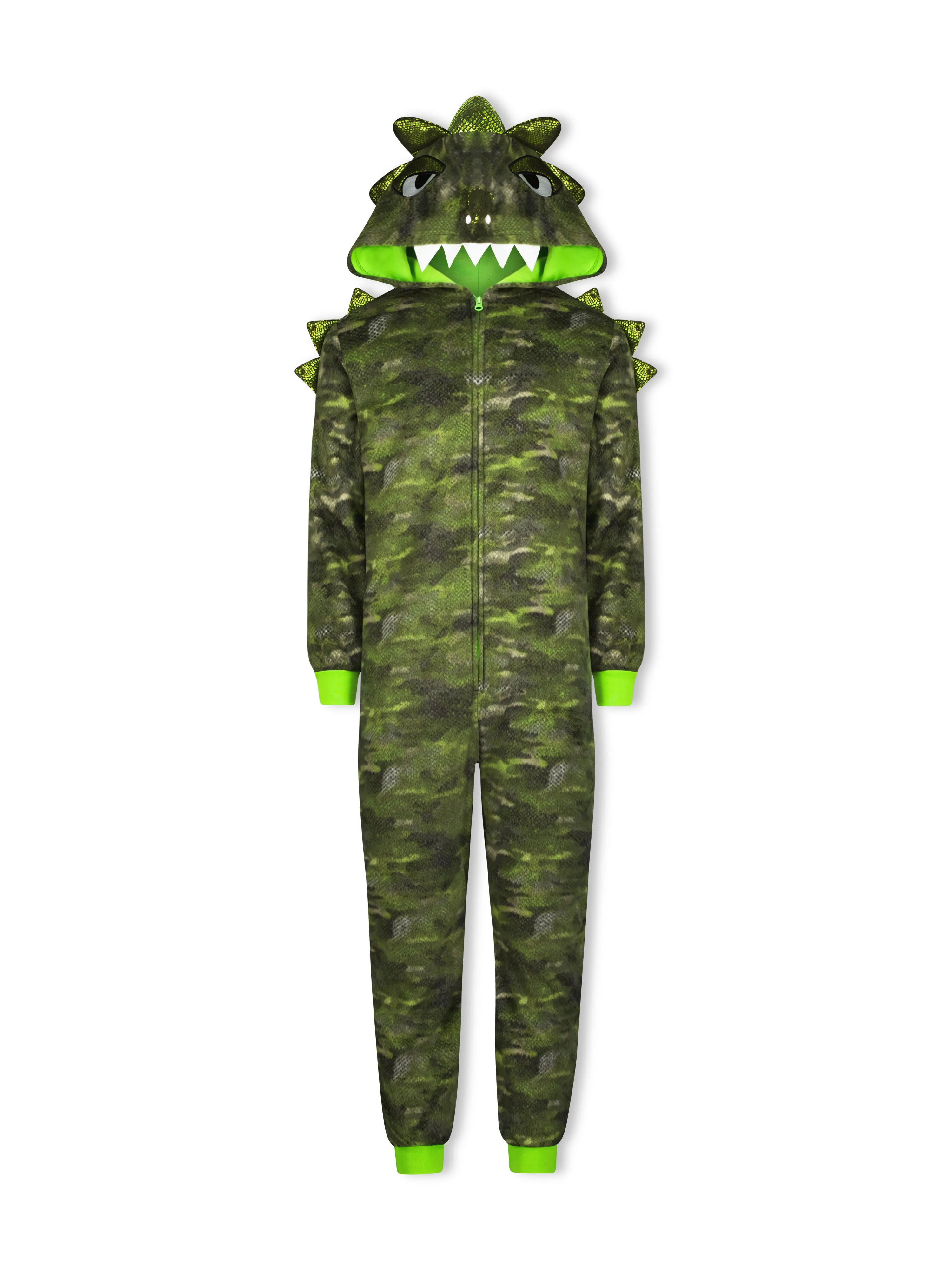 Boys Camo Dino Zip-Up Hooded Sleeper Pajama with Built Up 3D Character Hood