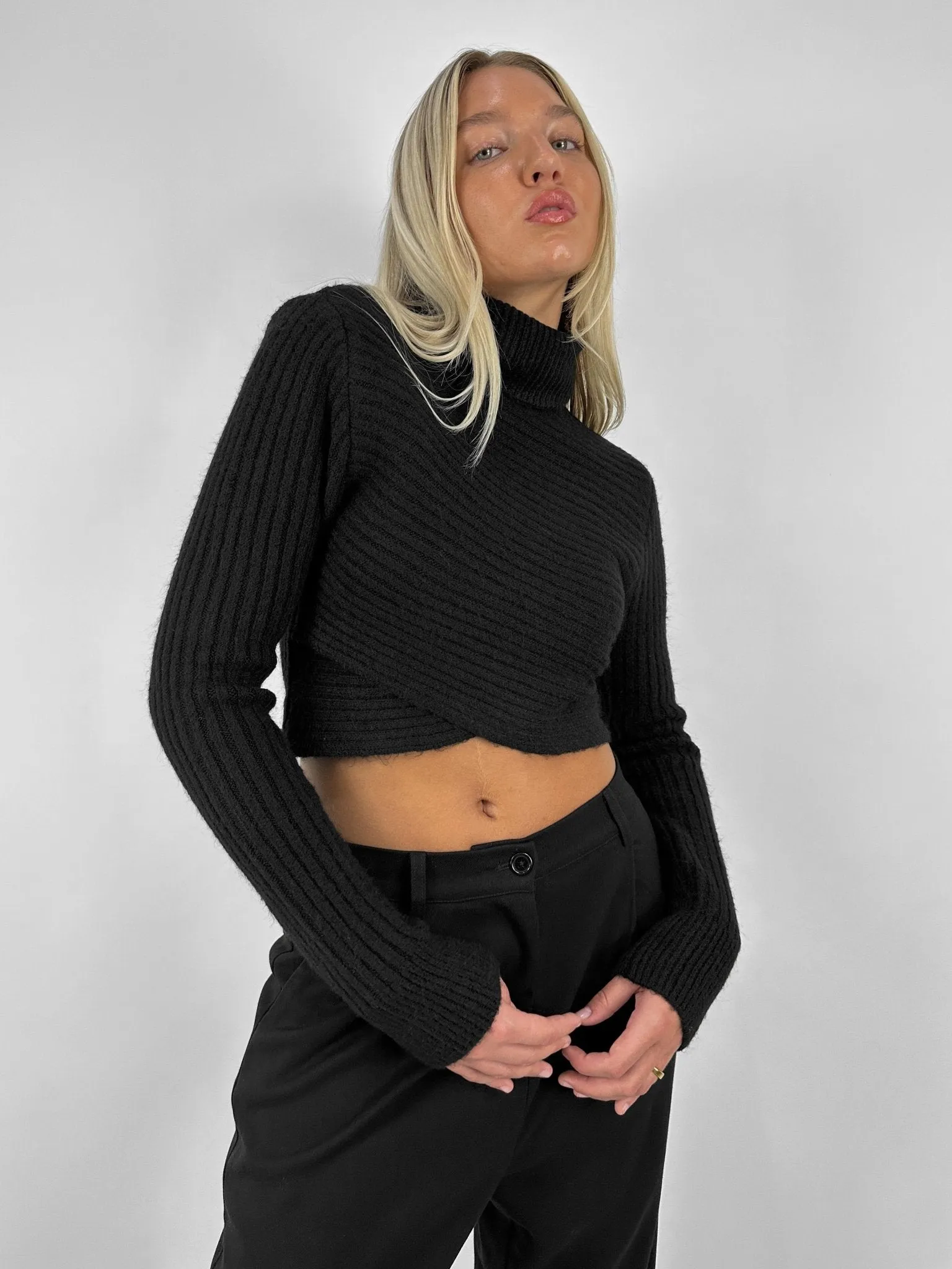 Cross Front Turtleneck Cropped Sweater