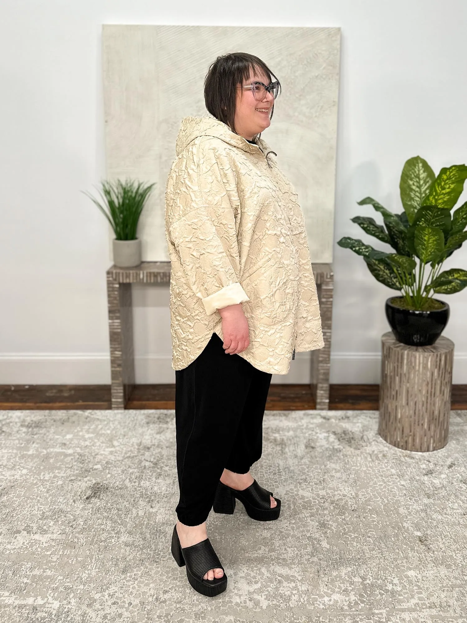 Floral Embossed Oversized Jacket, Light Taupe