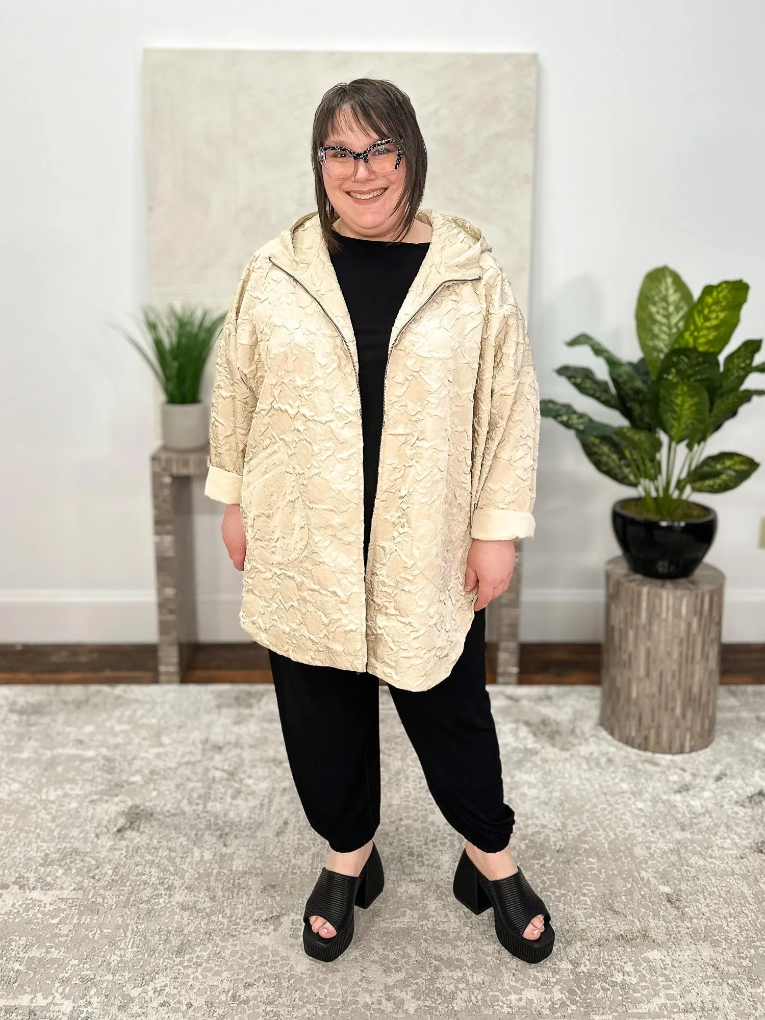 Floral Embossed Oversized Jacket, Light Taupe