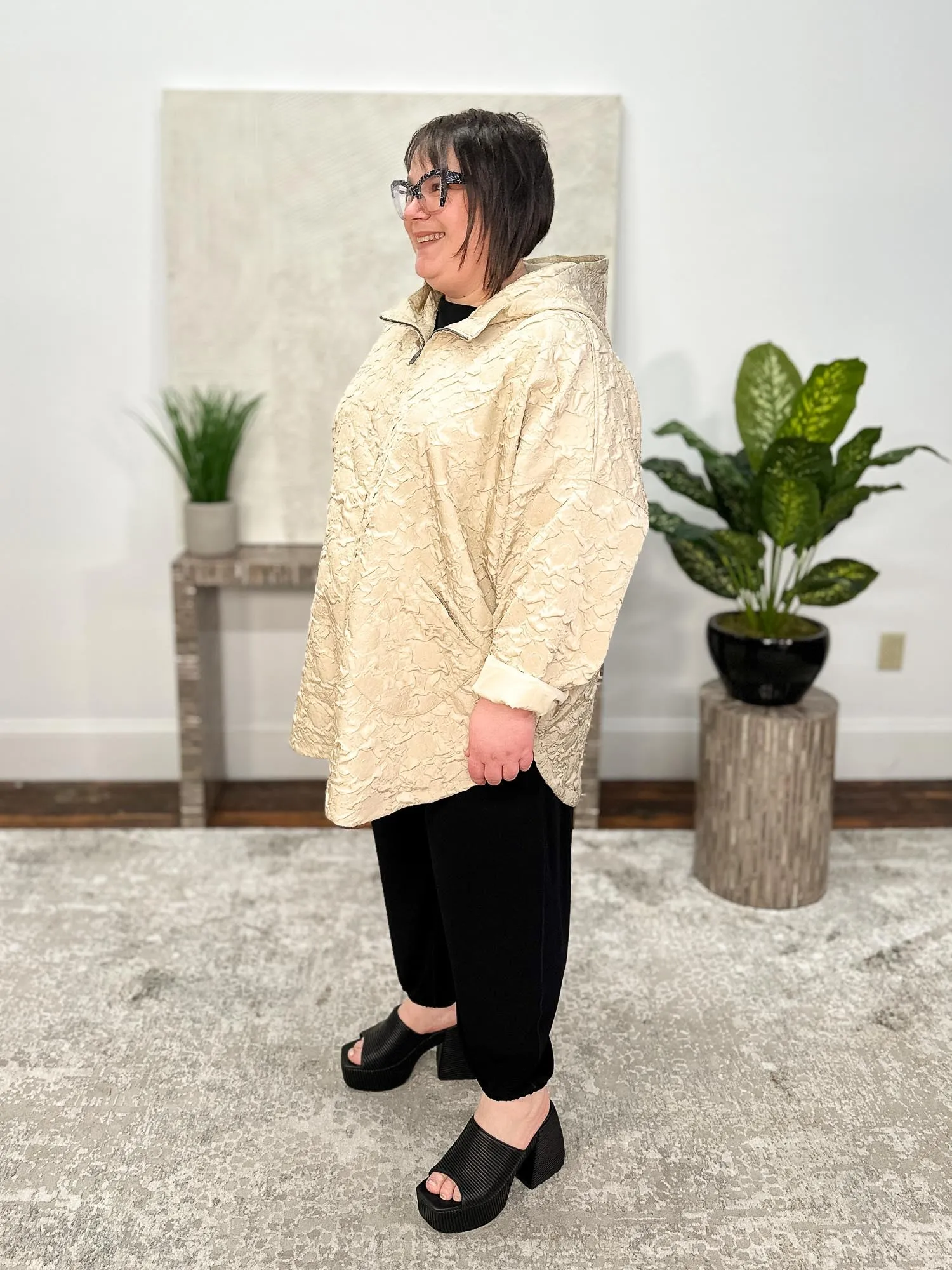 Floral Embossed Oversized Jacket, Light Taupe