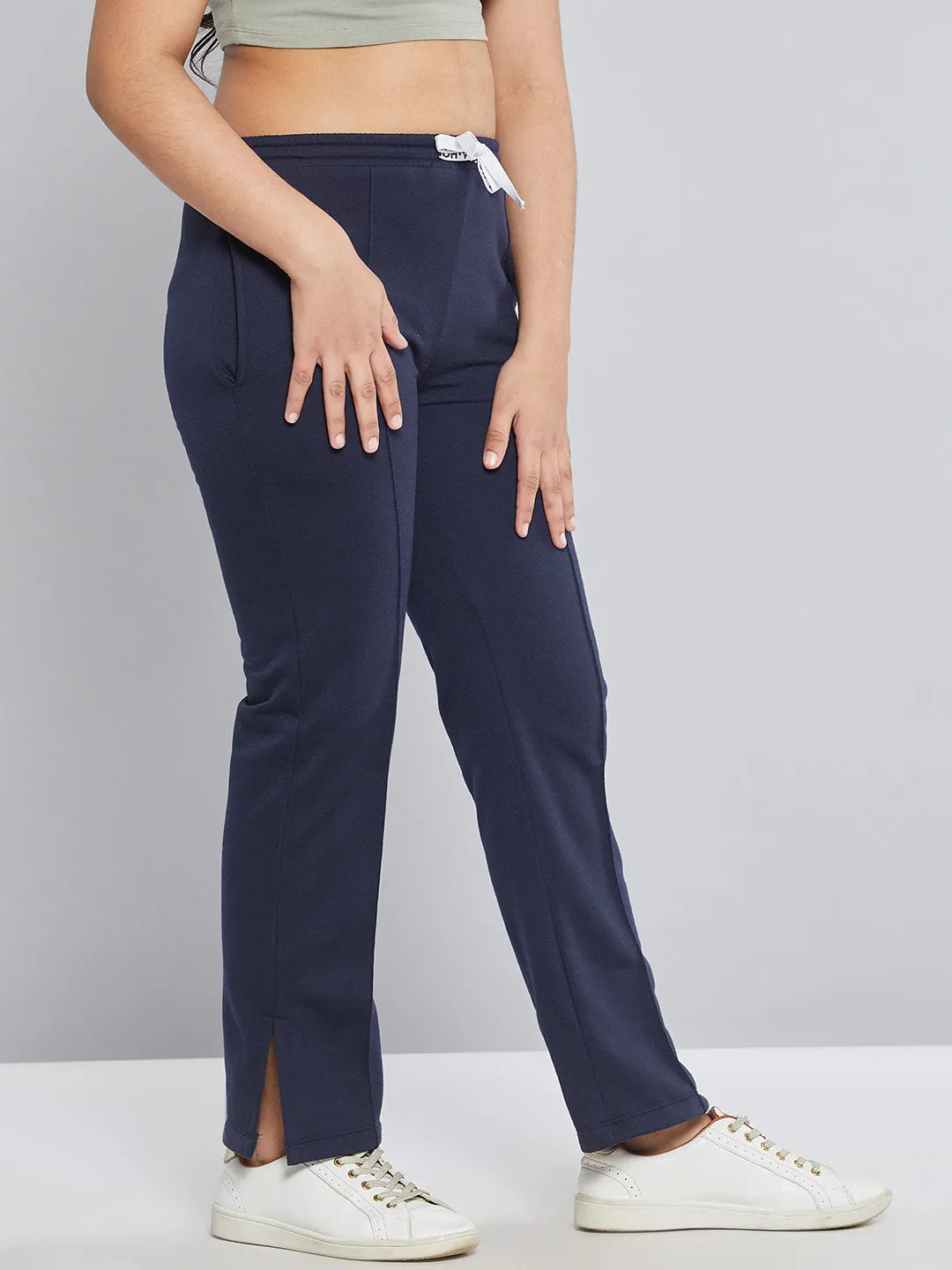 Girls Navy Fleece Brand Drawstring Track Pants