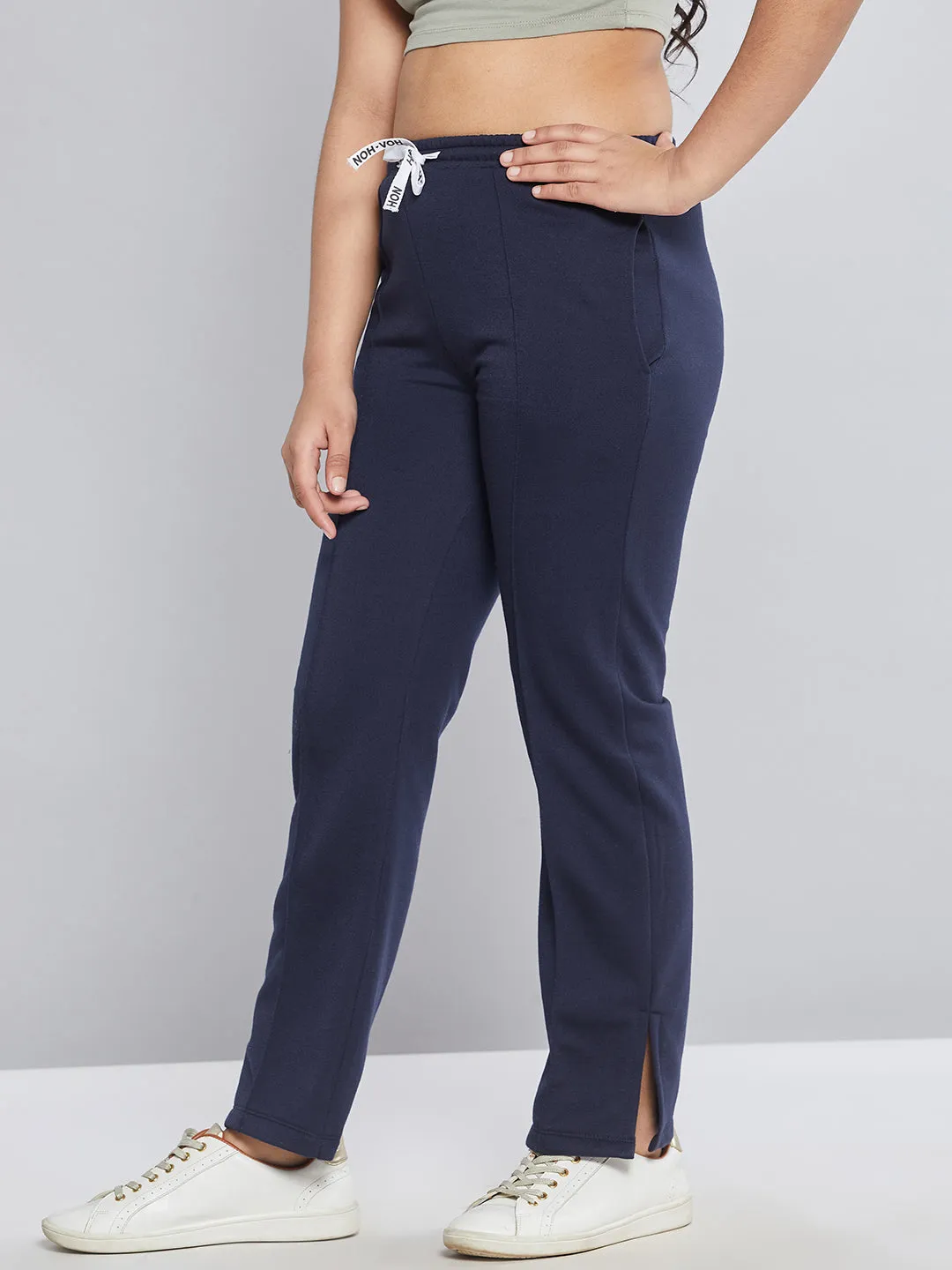 Girls Navy Fleece Brand Drawstring Track Pants