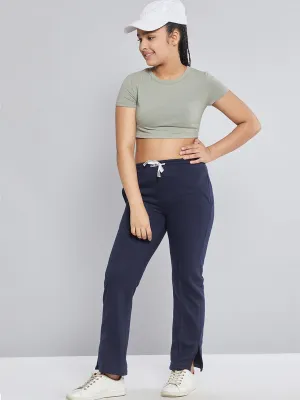 Girls Navy Fleece Brand Drawstring Track Pants