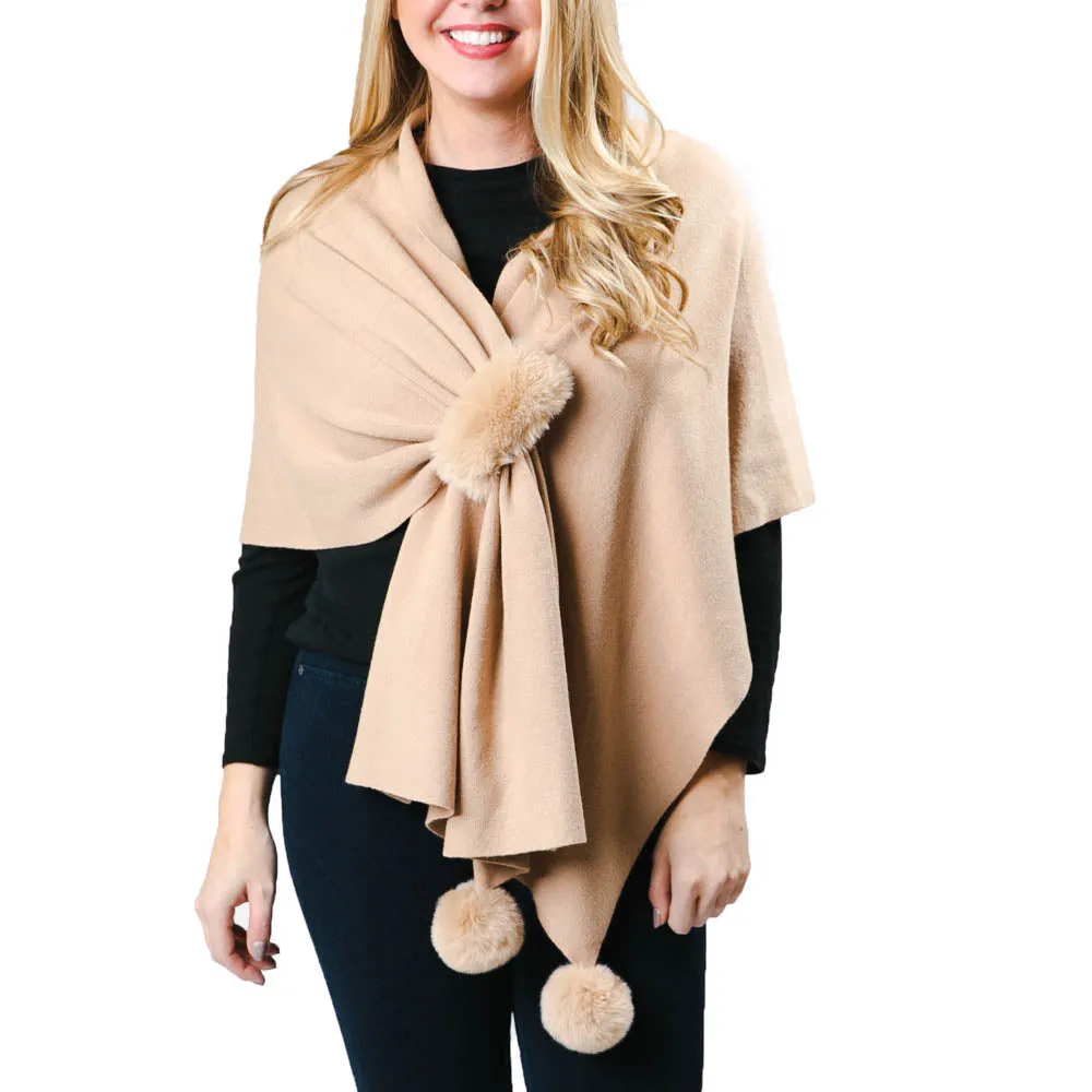 Katie Keyhole Wrap with Faux Fur Pom-pom and Loop