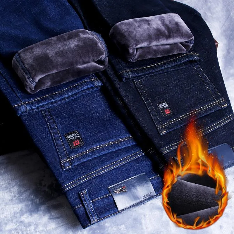 Men Warm Thick Fleece Lined Regular Fit Stretch Denim Jeans Trousers