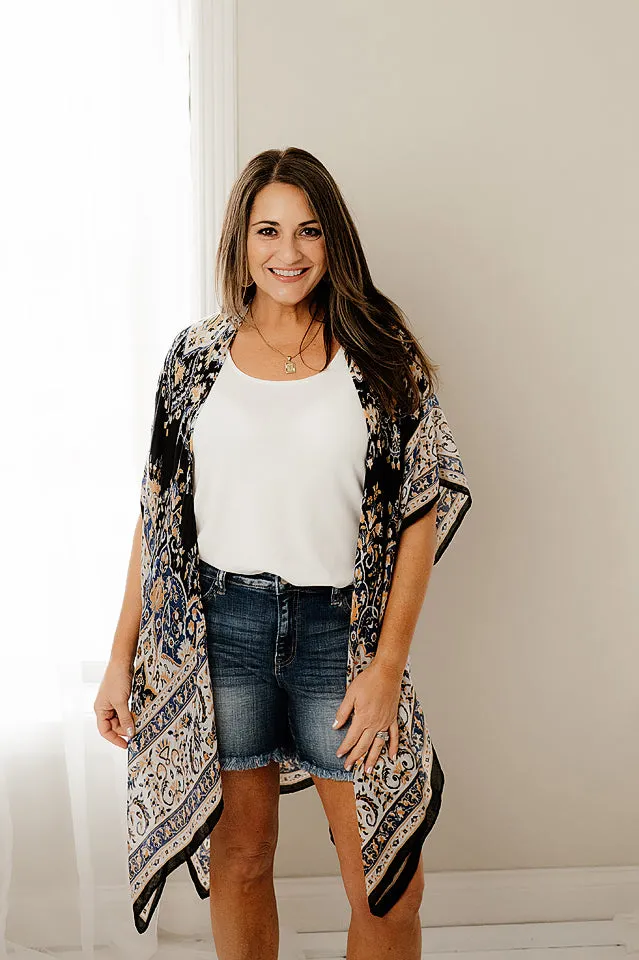 Multi Floral Border Print Kimono