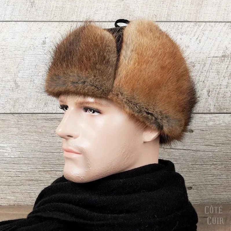 Natural Muskrat Fur Aviator Hat, Black Leather - Charles Model
