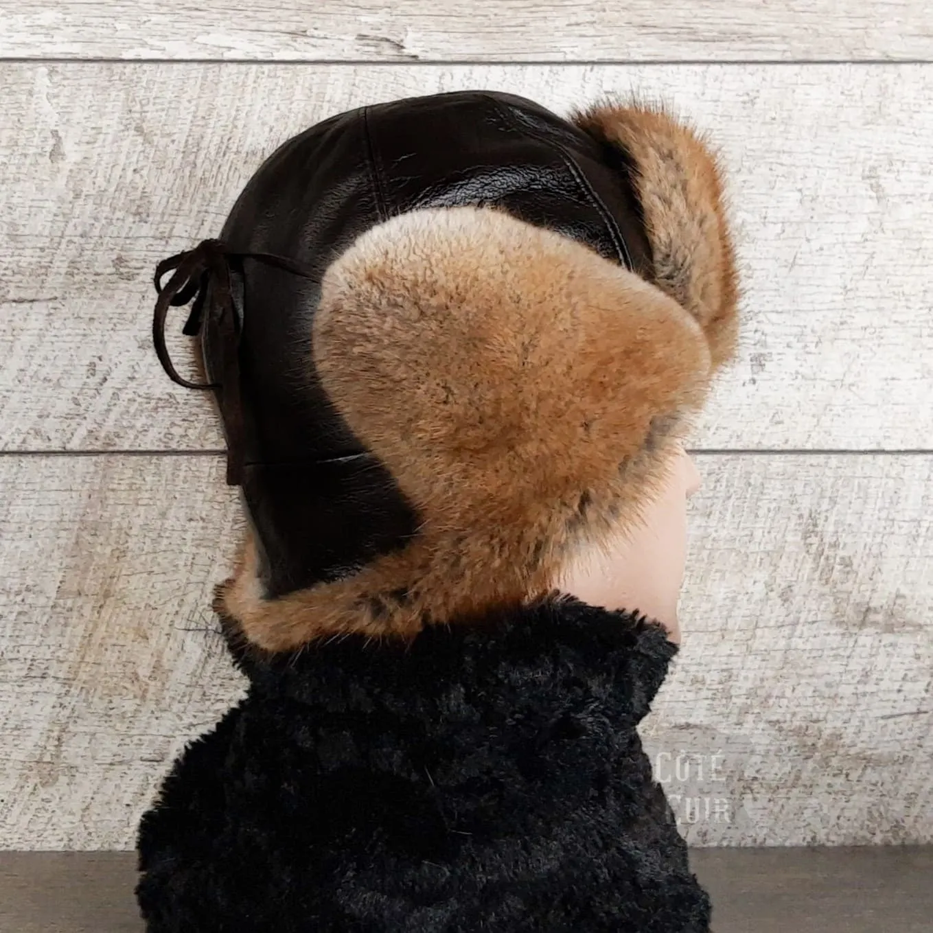 Natural Muskrat Fur Aviator Hat, Black Leather - Charles Model