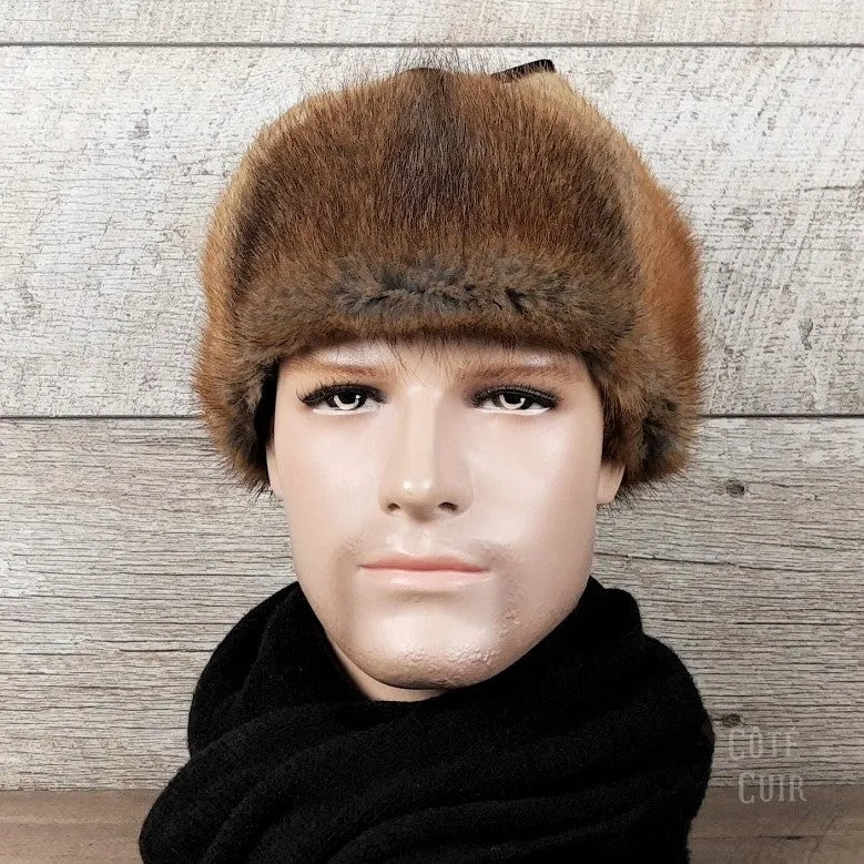Natural Muskrat Fur Aviator Hat, Black Leather - Charles Model