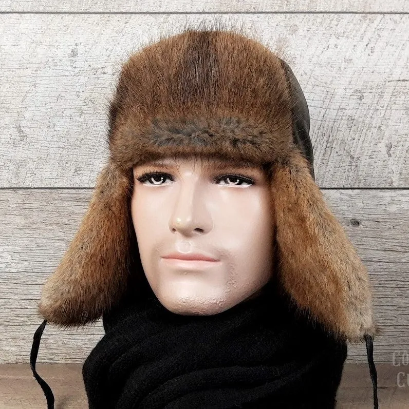 Natural Muskrat Fur Aviator Hat, Black Leather - Charles Model