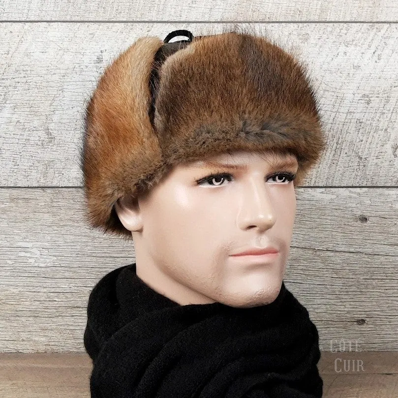 Natural Muskrat Fur Aviator Hat, Black Leather - Charles Model