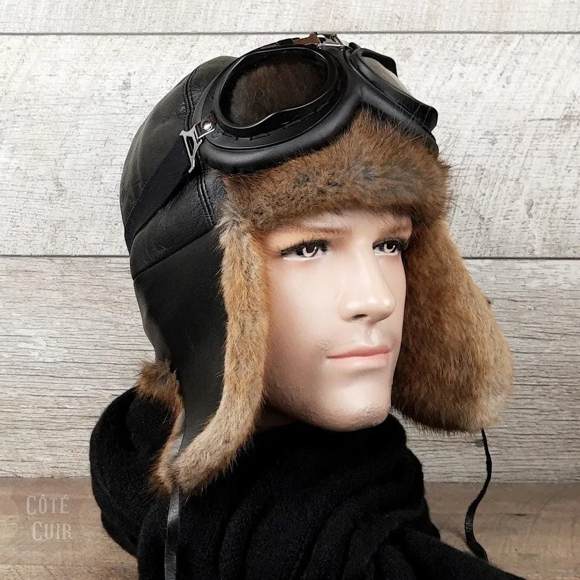 Natural Muskrat Fur Aviator Hat, Black Leather - Charles Model