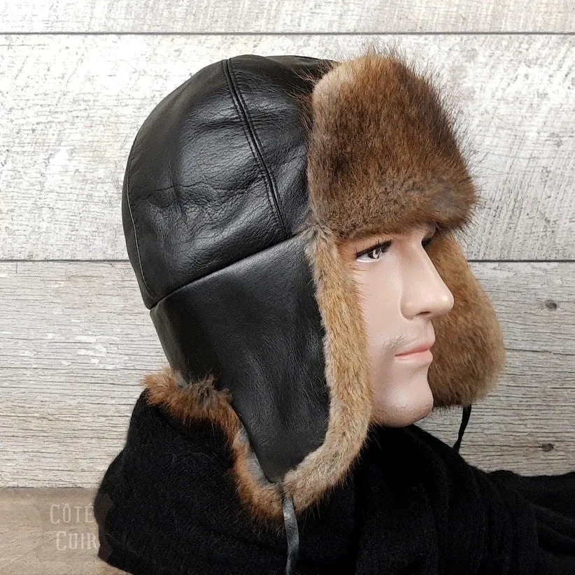 Natural Muskrat Fur Aviator Hat, Black Leather - Charles Model