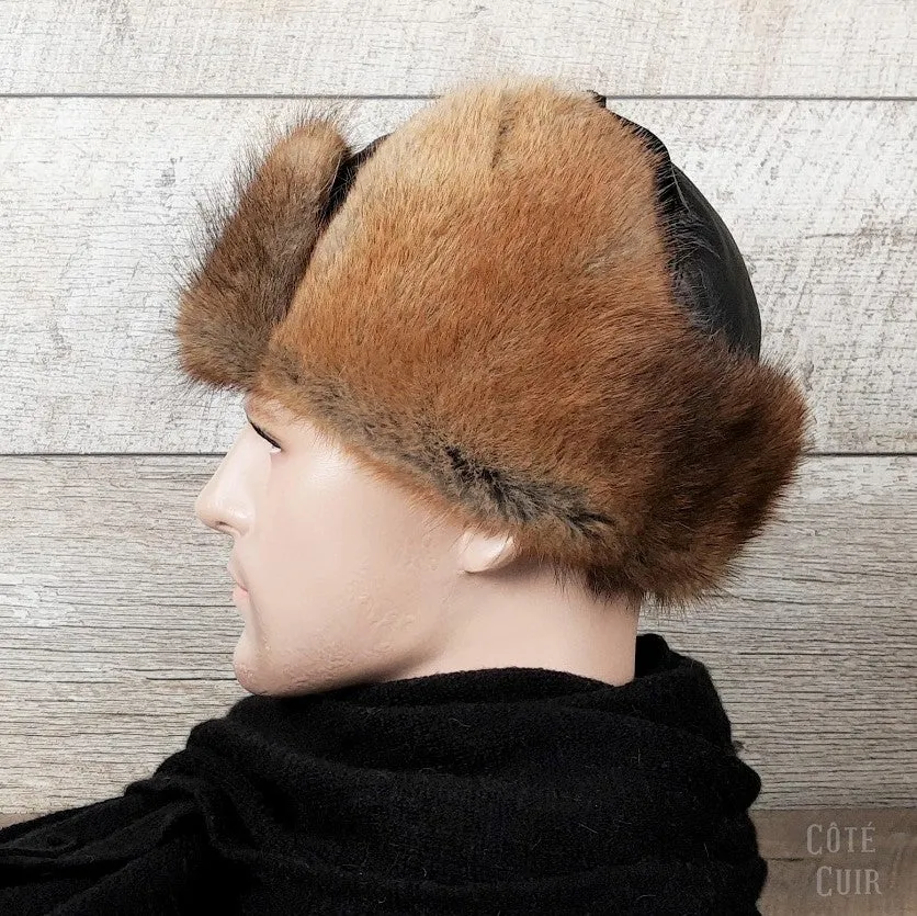 Natural Muskrat Fur Aviator Hat, Black Leather - Charles Model