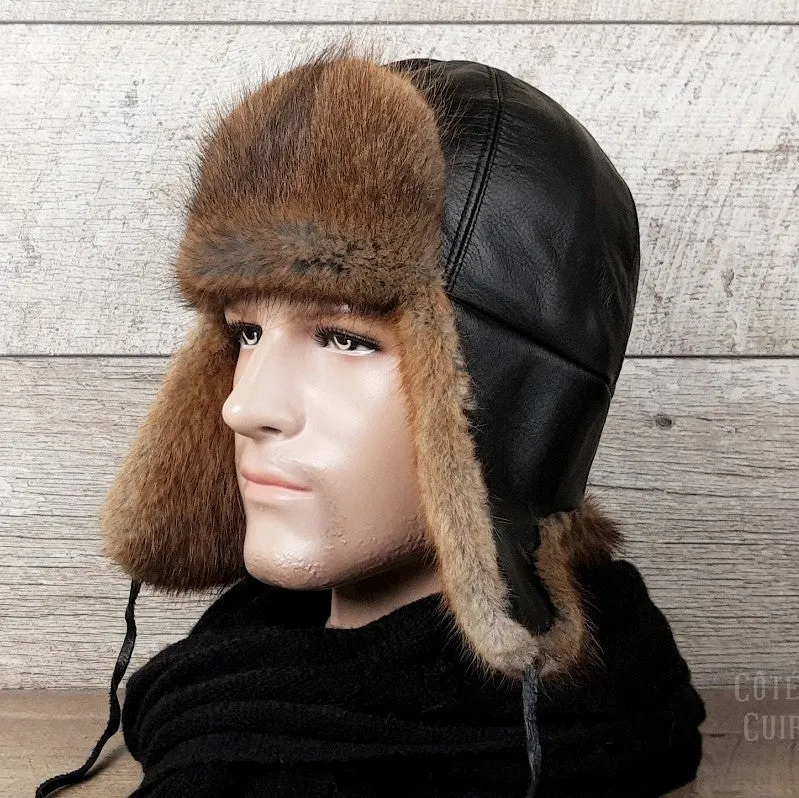 Natural Muskrat Fur Aviator Hat, Black Leather - Charles Model