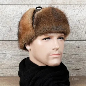 Natural Muskrat Fur Aviator Hat, Black Leather - Charles Model