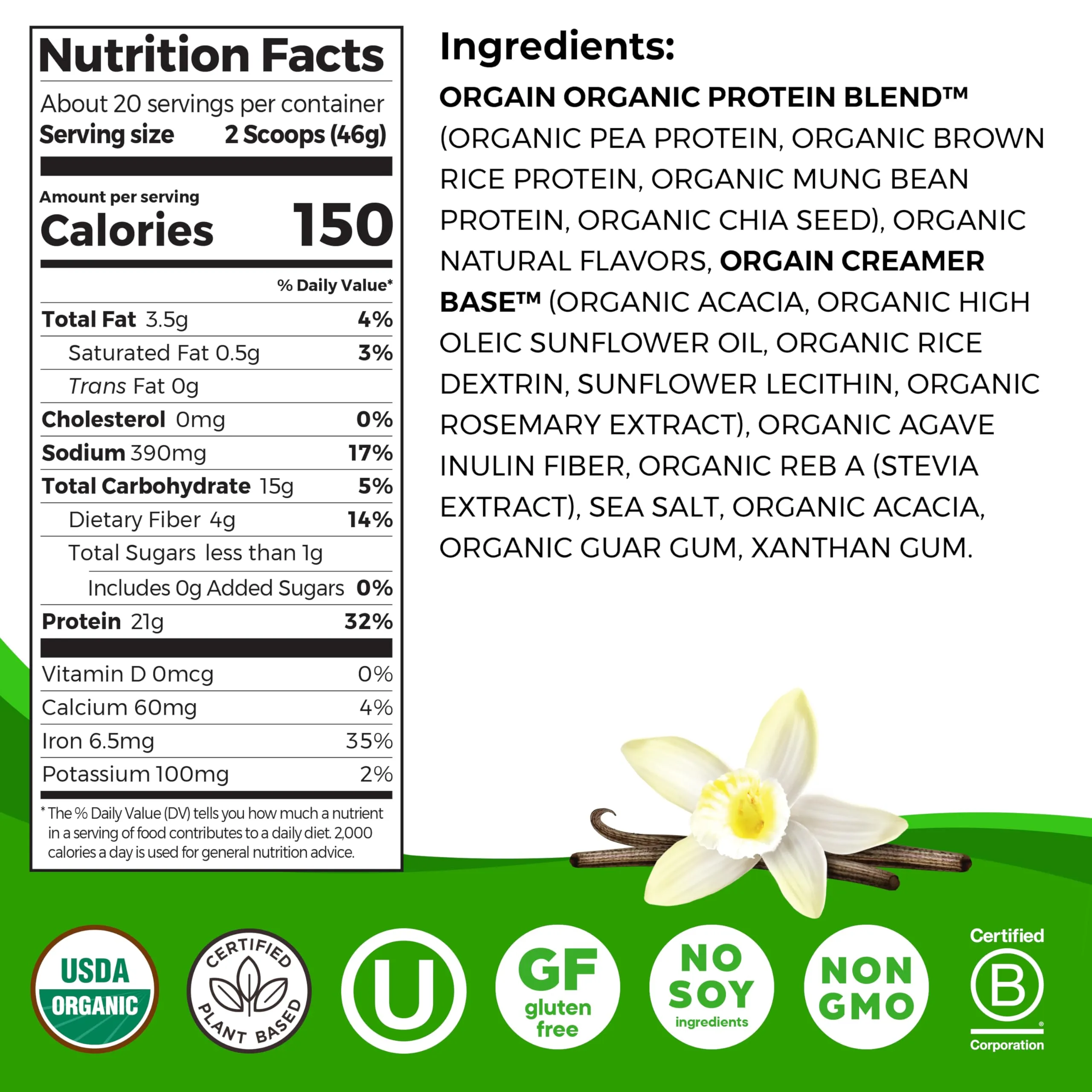 Orgain Organic Vegan Protein Powder, Vanilla Bean - 21g Plant Protein, 6g Prebiotic Fiber, No Lactose Ingredients, No Added Sugar, Non-GMO, For Shakes & Smoothies, 2.03 lb (Packaging May Vary)
