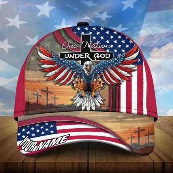 Personalized Jesus Cap, One Nation under God Veteran 3D Baseball Cap, 4th of July Veteran Hat for Him
