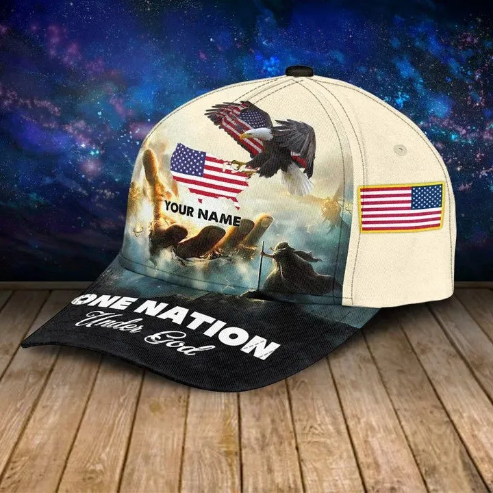 Personalized Jesus Cap, One Nation under God Veteran 3D Baseball Cap, 4th of July Veteran Hat for Him