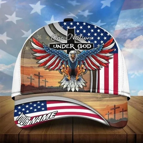 Personalized Jesus Cap, One Nation under God Veteran 3D Baseball Cap, 4th of July Veteran Hat for Him