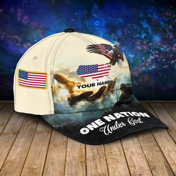 Personalized Jesus Cap, One Nation under God Veteran 3D Baseball Cap, 4th of July Veteran Hat for Him