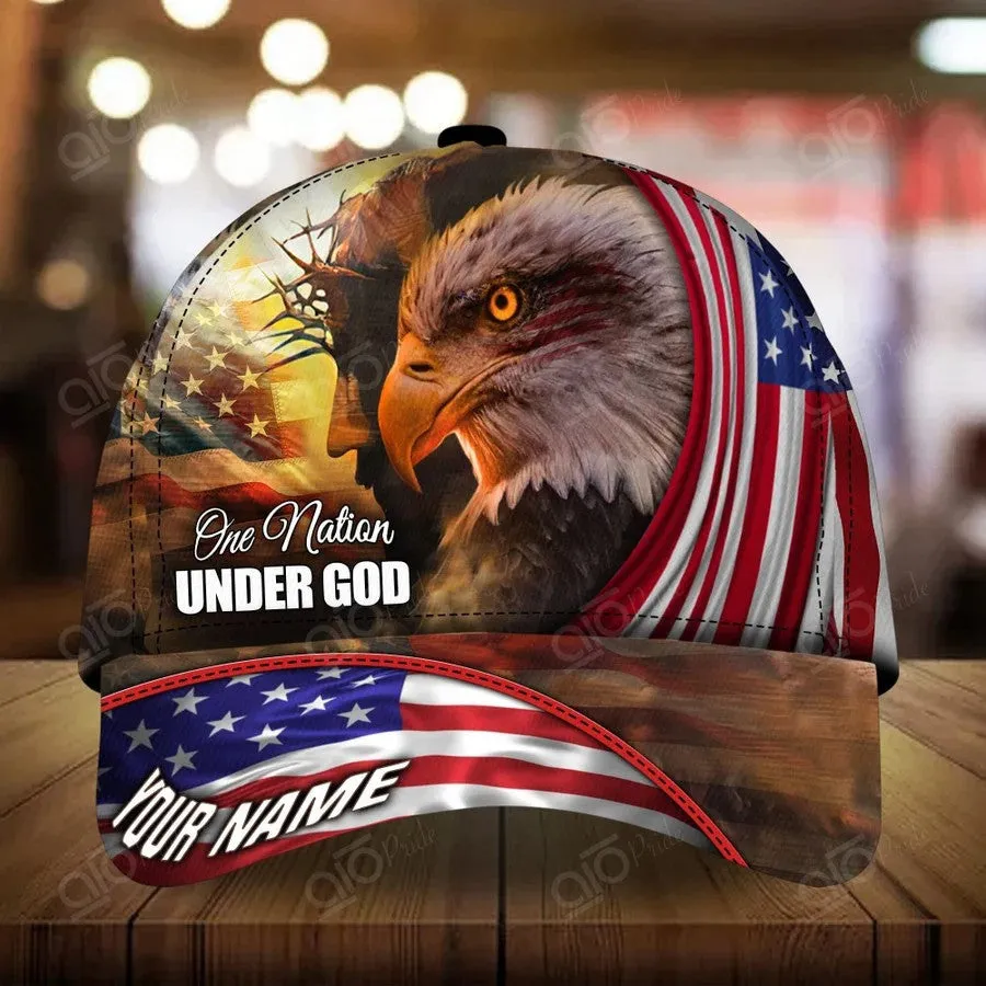 Personalized Jesus Cap, One Nation under God Veteran 3D Baseball Cap, 4th of July Veteran Hat for Him