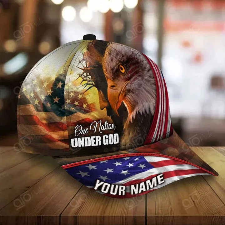 Personalized Jesus Cap, One Nation under God Veteran 3D Baseball Cap, 4th of July Veteran Hat for Him