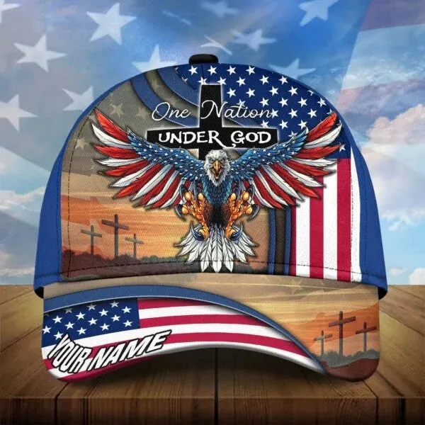 Personalized Jesus Cap, One Nation under God Veteran 3D Baseball Cap, 4th of July Veteran Hat for Him