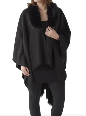 Rhinestone Faux Fur Cape w/ Removable Collar