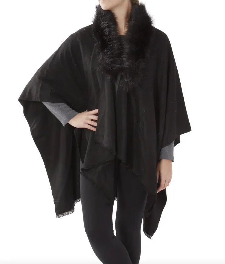 Rhinestone Faux Fur Cape w/ Removable Collar