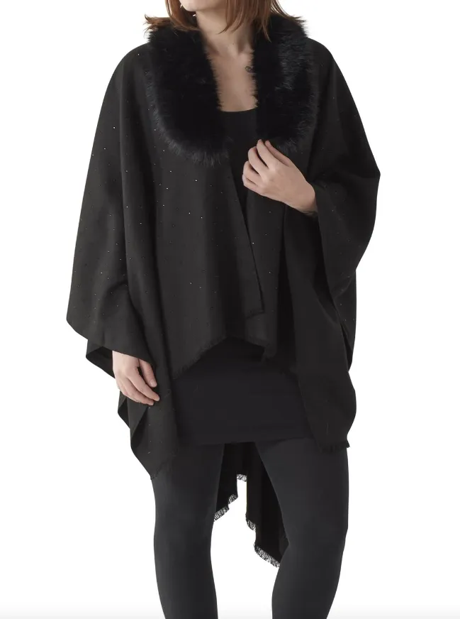 Rhinestone Faux Fur Cape w/ Removable Collar