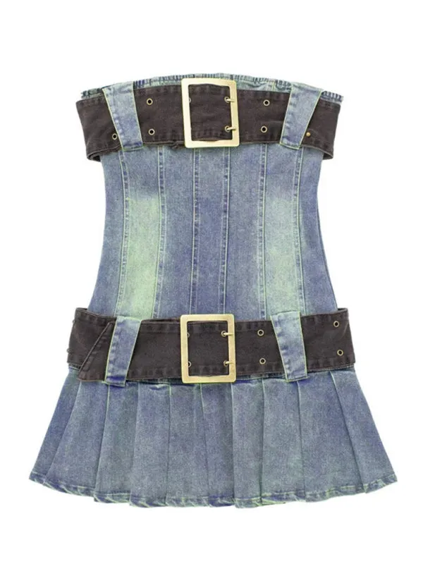 Tube top denim dress female retro hot girl pleated skirt big belt wrapped chest skirt