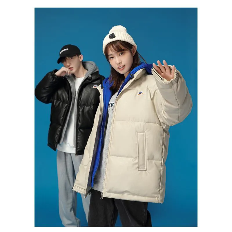 Unisex Zip-Up Faux Two-Piece Thickened Hooded Puffer Jacket